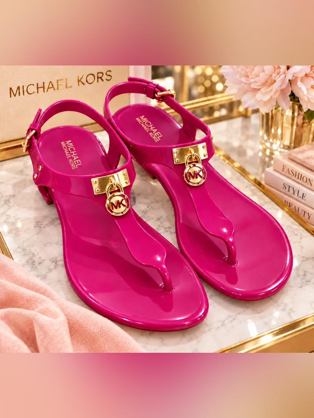 Michael Kors Magenta Jelly Thong Sandals Gold MK Lock Charm Size 11